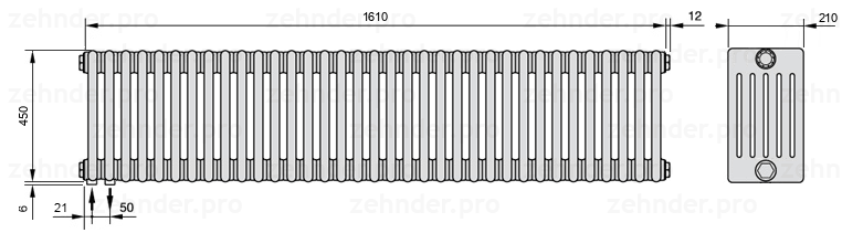Схема (чертеж) Радиатор Zehnder Charleston 6045/35 №3370 Белый глянцевый RAL 9016